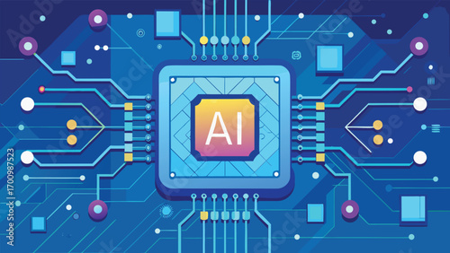 Futuristic Artificial Intelligence Microchip Illustration, Advanced AI Processor, Machine Learning, Data Science, and Digital Technology Concept