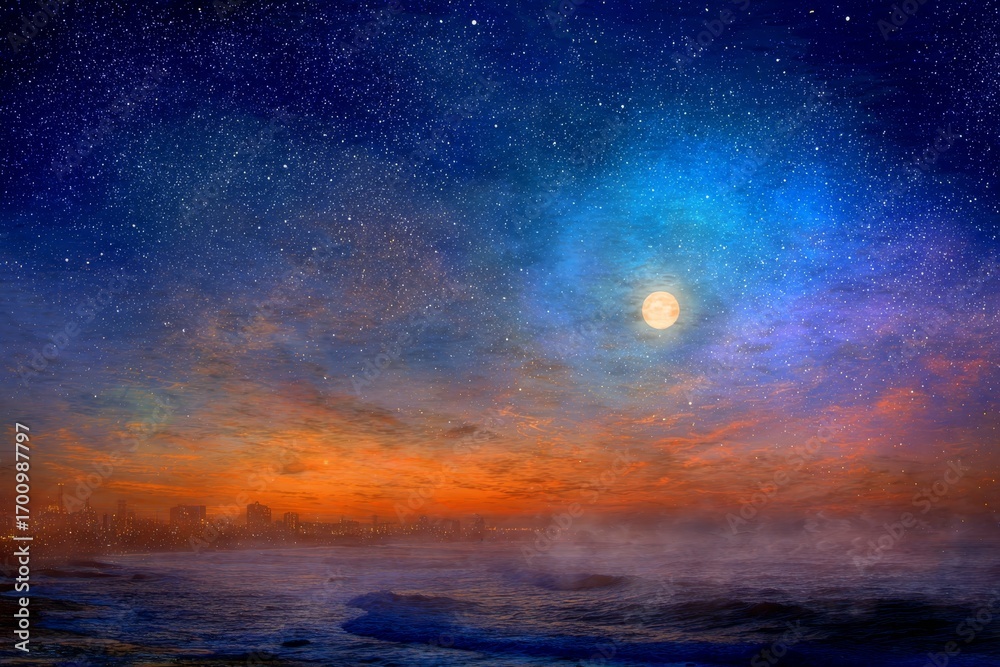 Fototapeta premium A breathtaking, celestial panorama of a city skyline kissed by a vibrant sunrise, a luminous moon, and a star-dusted night sky.