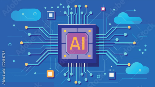 Futuristic Artificial Intelligence Microchip Illustration, Advanced AI Processor, Machine Learning, Data Science, and Digital Technology Concept