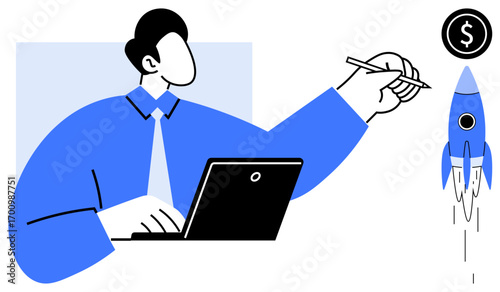 Person working on laptop while directing rocket with pen toward dollar target. Ideal for business growth, innovation, entrepreneurship, investment, financial success, planning, and progress themes