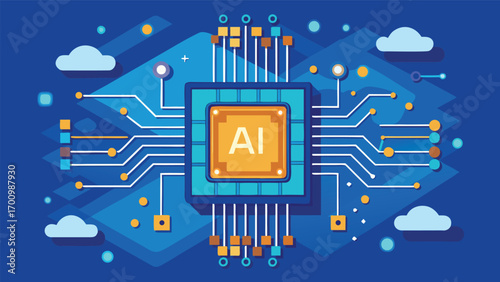 Futuristic Artificial Intelligence Microchip Illustration, Advanced AI Processor, Machine Learning, Data Science, and Digital Technology Concept