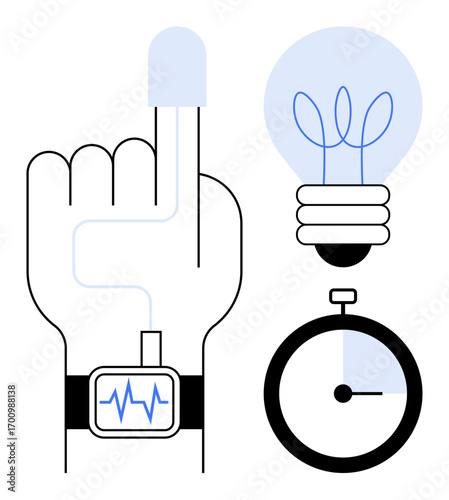 Hand connected to smartwatch tracking pulse, light bulb signifying ideas, stopwatch symbolizing time. Ideal for health tech, innovation, fitness monitoring, creativity, time management, efficiency