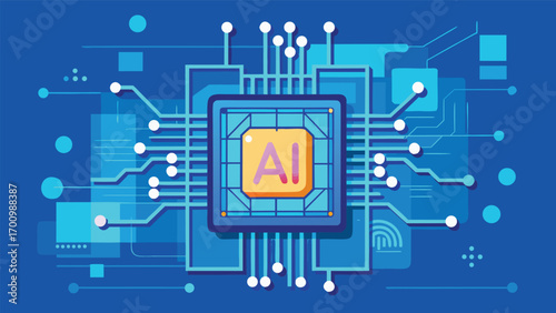 Futuristic Artificial Intelligence Microchip Illustration, Advanced AI Processor, Machine Learning, Data Science, and Digital Technology Concept