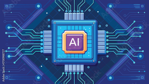 Futuristic Artificial Intelligence Microchip Illustration, Advanced AI Processor, Machine Learning, Data Science, and Digital Technology Concept