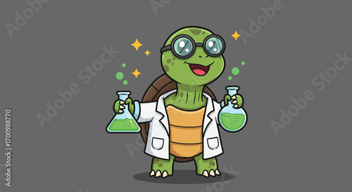 Scientist Turtle Holding Test Tubes with Colorful Chemicals