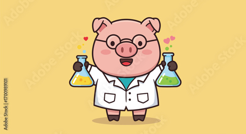 Scientist Pig Holding Test Tubes with Colorful Chemicals