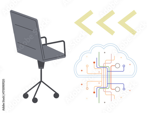 Modern office chair beside cloud with interconnected lines and arrows, symbolizing innovation, remote work, data connectivity, collaboration, technology evolution, productivity, and digital