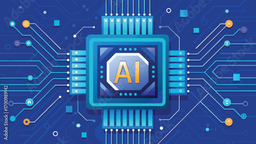 Futuristic Artificial Intelligence Microchip Illustration, Advanced AI Processor, Machine Learning, Data Science, and Digital Technology Concept
