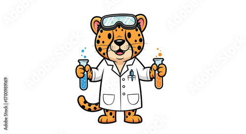 Scientist Leopard Holding Test Tubes with Colorful Chemicals