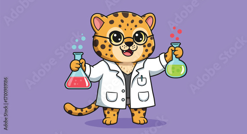 Scientist Leopard Holding Test Tubes with Colorful Chemicals