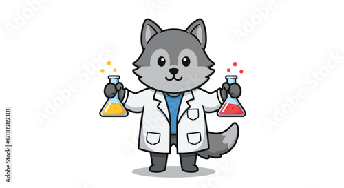 Scientist Wolf Holding Test Tubes with Colorful Chemicals