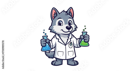 Scientist Wolf Holding Test Tubes with Colorful Chemicals