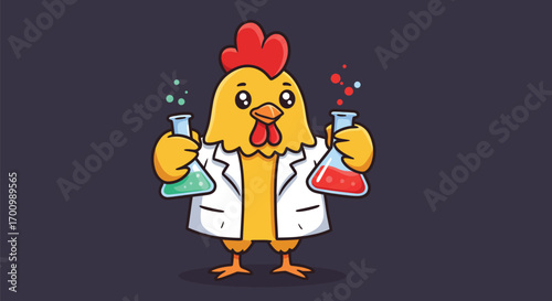 Scientist Chicken Holding Test Tubes with Colorful Chemicals