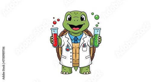 Scientist Turtle Holding Test Tubes with Colorful Chemicals