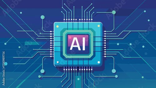 Futuristic Artificial Intelligence Microchip Illustration, Advanced AI Processor, Machine Learning, Data Science, and Digital Technology Concept