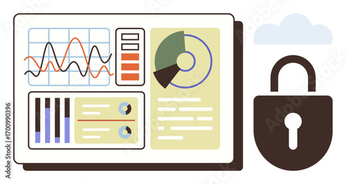 Analytics dashboard with graphs, charts, and stats beside a padlock and cloud. Ideal for data security, cloud computing, privacy, cybersecurity, data analysis, technology simple flat metaphor