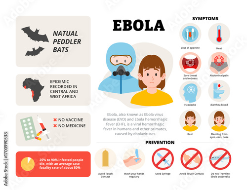 Ebola Virus infographic design with woman character. Vector poster template showing causes, symptoms, treatment, and prevention for medical education, healthcare awareness, chart illustration banner.
