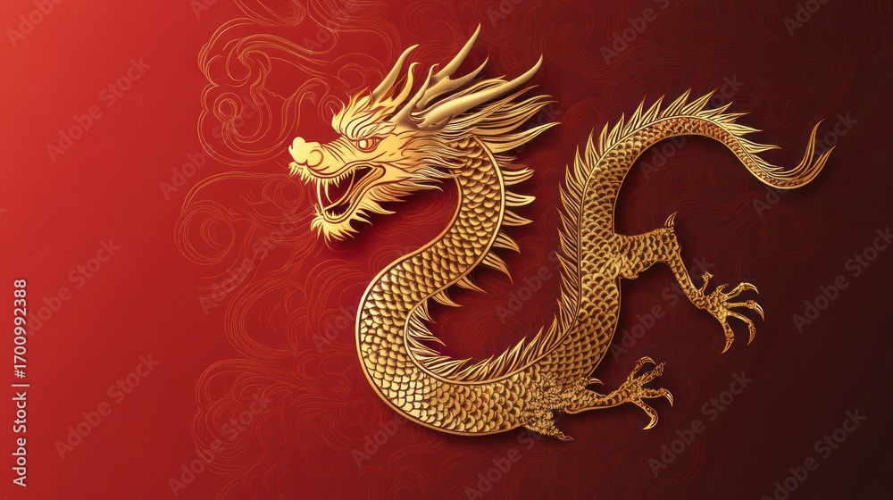 Fototapeta premium A golden Chinese dragon with intricate details against a red gradient background.
