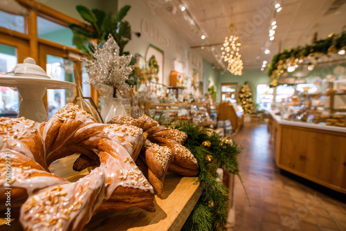 step into charming american bakery adorned with festive christmas decorations where air is filled with sweet aroma