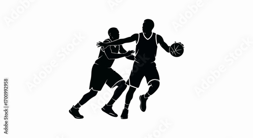 Basketball Players Silhouette Vector Illustration. Dynamic action of two athletes dribbling and defending. Sports graphic.
