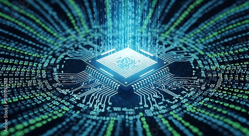 Futuristic Microchip Processing Digital Data Streams with Binary Code and Circuitry.