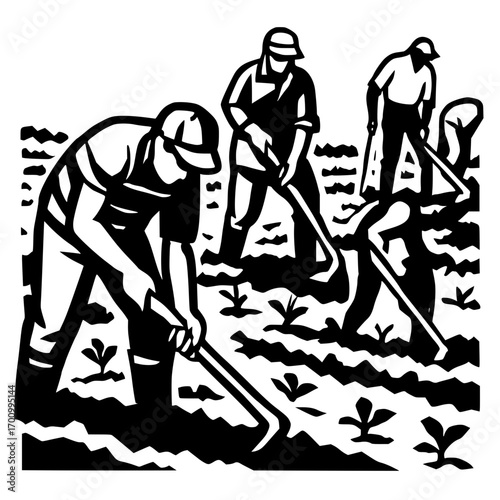 Farmers diligently working fields planting crops for harvest