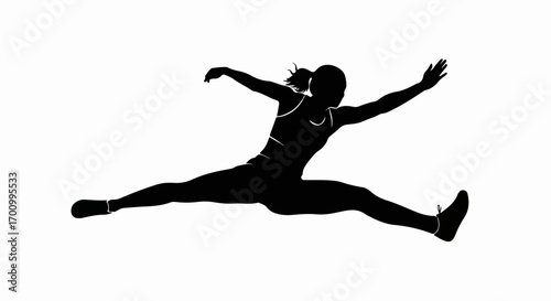 Dynamic female athlete long jump silhouette. Woman in mid-air, outstretched limbs, isolated on white. Track and field sports concept.