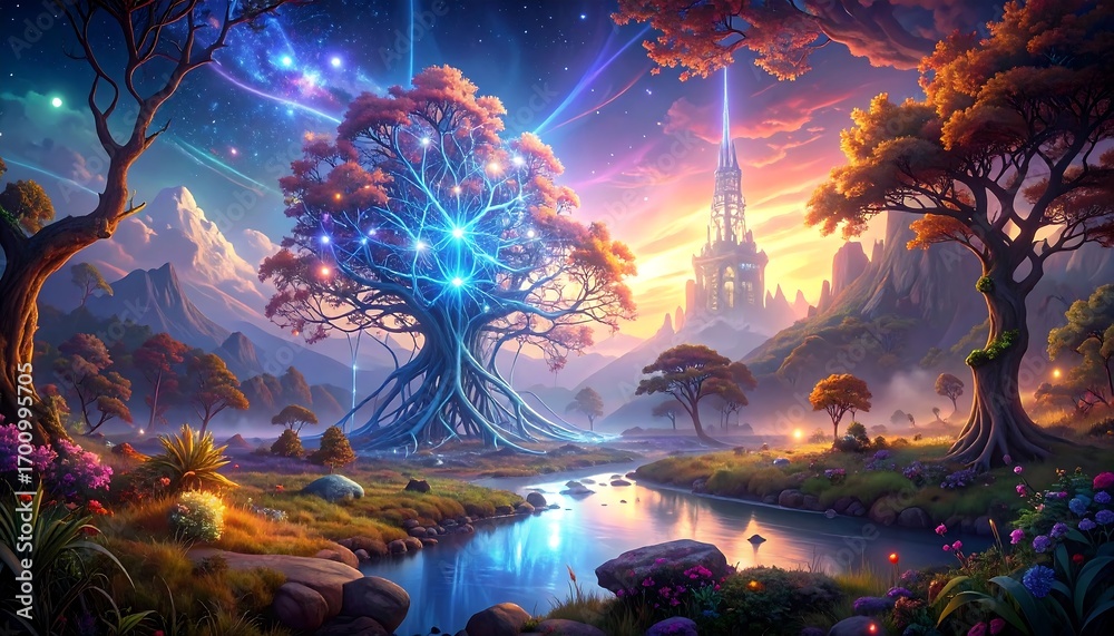 Fototapeta premium A breathtakingly vibrant fantasy landscape, featuring a magnificent tree with luminous connections, a serene river, and an enchanting ancient structure, bathed in the soft light of dawn.