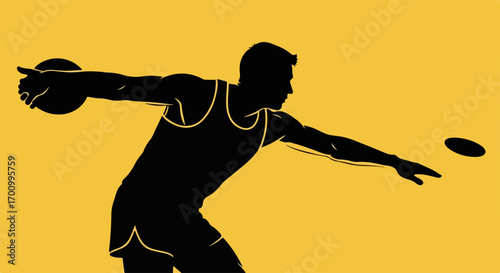 Dynamic silhouette of an athlete throwing a discus against a vibrant yellow background, representing strength and sport.