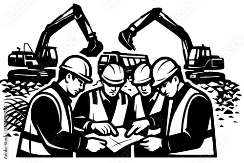 Construction team plans project with blueprints and excavators