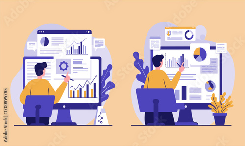 Two young men analyze data on large computer screens, reviewing charts and graphs to gain business insights, showcasing modern workplace efficiency and data analysis.