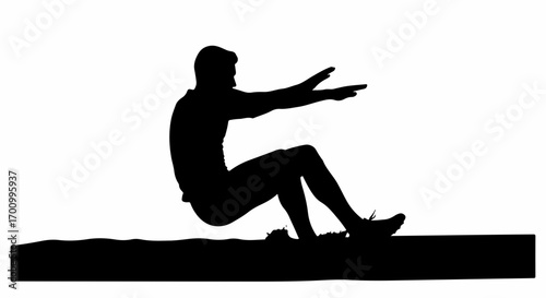 Long Jump Athlete Landing Silhouette. Dynamic Track and Field Sport Movement. Black and White Graphic.
