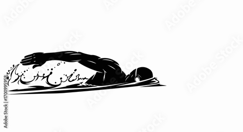 Freestyle Swimmer Silhouette with Calligraphic Water Trail
