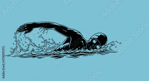 Dynamic black silhouette swimmer with water splashes, competitive sport illustration in comic book style