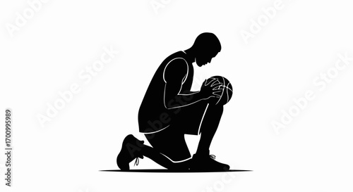 Kneeling Basketball Player Silhouette with Ball - Sports Dedication & Contemplation Vector