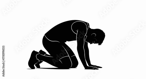 Person kneeling with head bowed: despair, exhaustion, prayer, or submission concept silhouette