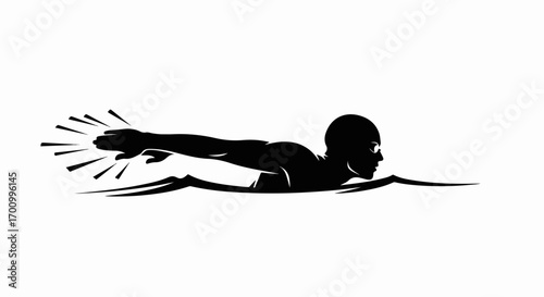 Dynamic Swimmer Silhouette in Water with Splash. Black and White Graphic Illustration of an Athlete in Motion.