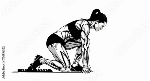 Female Sprinter in Starting Blocks. Athletic Woman Ready to Race. Dynamic Black and White Illustration