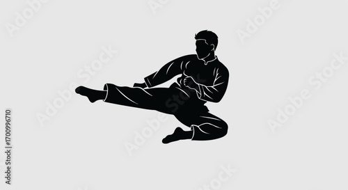 Dynamic Martial Arts Flying Kick Silhouette Vector Illustration