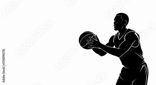 Basketball Player Silhouette Holding Ball - Dynamic Action Pose, Black and White Illustration