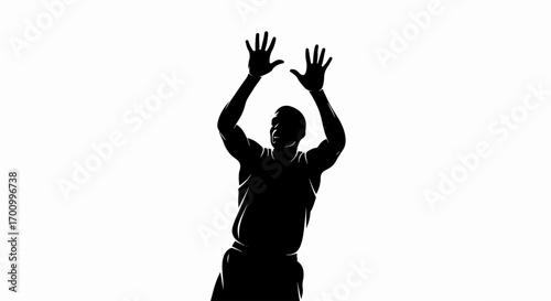 Silhouette of Person Reaching Upwards with Hands Open on White Background