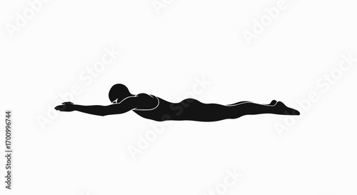 Black silhouette of person in prone position with outstretched arms and legs, depicting flying, swimming, or exercise
