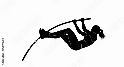 Female Pole Vaulter Silhouette. Dynamic Sportswoman in Action, Athletics Track and Field. Vector Illustration.