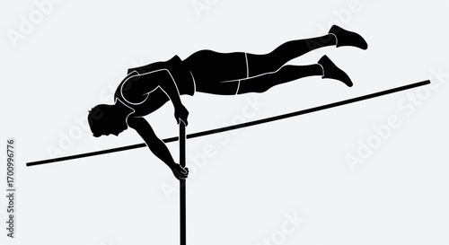 Pole vaulter in mid-air clearing the bar silhouette. Athletic track and field event icon, sports competition concept.