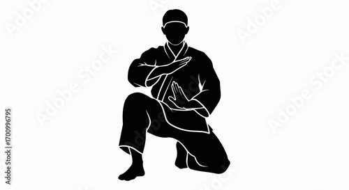 Martial Arts Fighter Silhouette in Defensive Stance