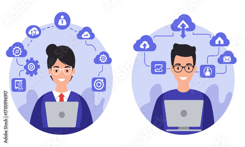Two diverse people working on laptops, surrounded by cloud computing and digital network icons, representing modern technology and data management.