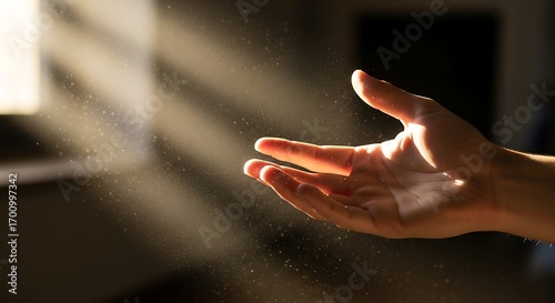 Sunlit airborne particles highlighted by a ray of light with hand reaching out, a moment of