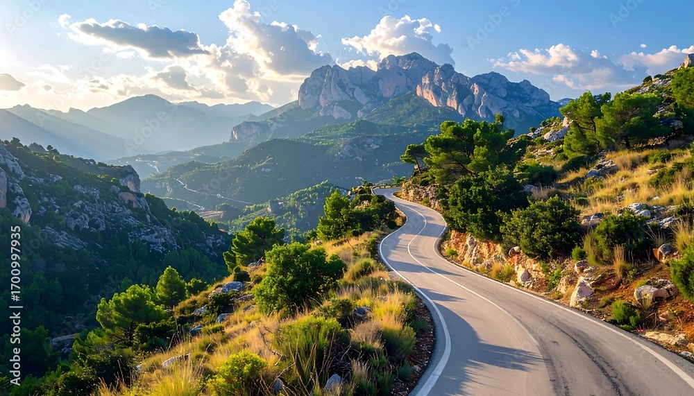 Naklejka premium A winding mountain road snakes through a lush valley, bathed in golden sunlight, showcasing a picturesque landscape of towering peaks and verdant hills.