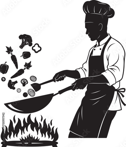 Chef Stir- Frying Vegetables Over Flames Silhouette With White Background cooking stir-fry
