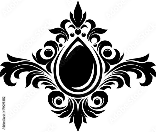 Stylized Victorian Gothic ornament with bead. Tattoo, ornamental design and decor element. Highly detailed and accurate lines for print or engraving